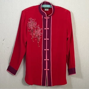 Bob Mackie Vintage 100% rot lila Seide Blumen bestickt Bluse Tunika Top Gr. S - Bild 1 von 6