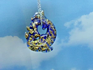 Vintage Jewelry Murano style Art glass BLUE/GOLD PLAYING DOLPHINS NECKLACE - Picture 1 of 2