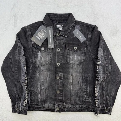 Chaqueta de mezclilla R3BEL para hombre Paradise Thrashed Distressed negra talla grande nueva con etiquetas Foto 1 de 4