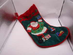 Velvet  Santa Christmas Stocking Green Embellished Embroidered Strip Bow - Picture 1 of 3