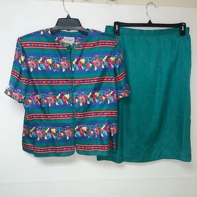 NWT Papell Boutique 2 Pc Dress Size 18 Green 100% Silk Button Top Midi Skirt - Image 1 of 4