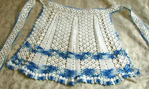 Mezzo grembiule vintage anni 30 uncinetto righe CE cotone BLU - Foto 1 di 2