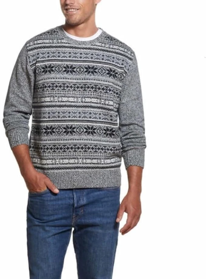 Weatherproof Mens Fair Isle Mesh Crew Neck Sweater Holiday Christmas Grey XL