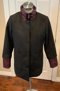 French Connection Black Coat w/ Burgundy Puffer Trim, Size Medium - Picture 1 of 7