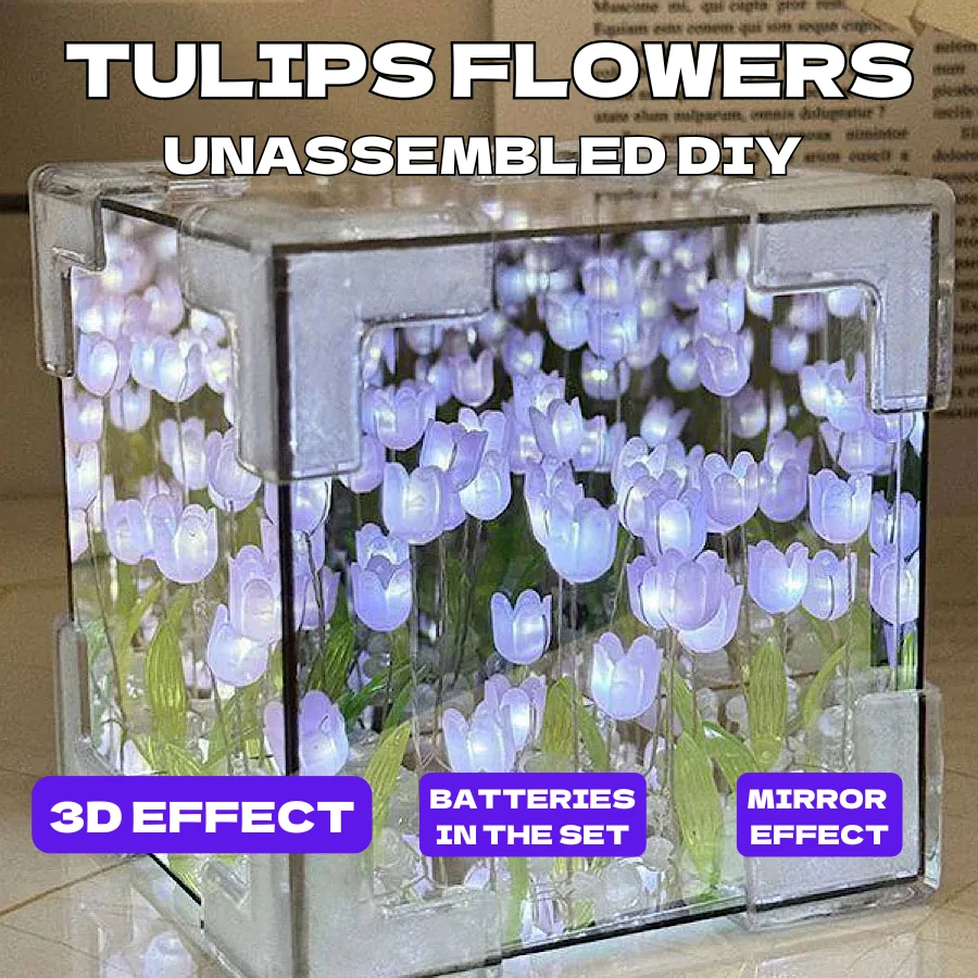 Hágalo usted mismo Cubo de Tulipán Luz Nocturna con Efecto Espejo 3D Morado. Construye tus tulipanes, 12 cm Foto 1 de 1
