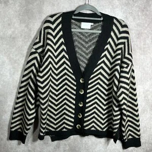 LUSH Cardigan Sweater Womens Large Black Oatmeal Chevron Knit Button Front - Picture 1 of 8