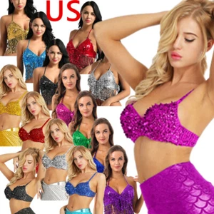 Women's Sexy Belly Dance Bra Sequin Sparkle Beading Push Up Underwire Party - Picture 1 of 63
