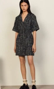 Sandro Double-breasted Bouclé-tweed Mini Dress in Black sz 38 M - Picture 1 of 17