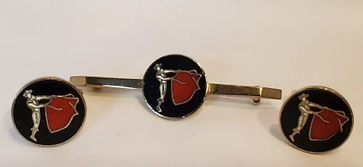 Vintage BULLFIGHTER Cufflinks Tie Pin Red & Black Gold Tone - Image 1 of 4