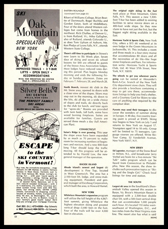 Oak Mountain Ski Resort Speculator 1966 New York Silver Bells Wells NY anuncio impreso Foto 1 de 1