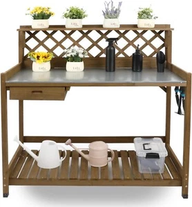 Outdoor Wooden Work Station W/Metal Table Top,Drawer,Large Bottom Shelf,Open - Picture 1 of 28