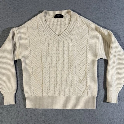 Suéter de pescador tejido con cable con cuello en V beige/crema Tahari para mujer talla pequeña Foto 1 de 4