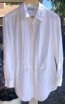 Camisa Blusa Coldwater Creek 100% Lino Blanca Plisada Botón Frontal Manga Larga M Foto 1 de 4