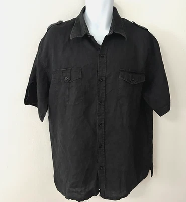 Inserch Mens sz XL Black 100% Linen Safari Short Sleeve Button Down Shirt Preppy - Image 1 of 4