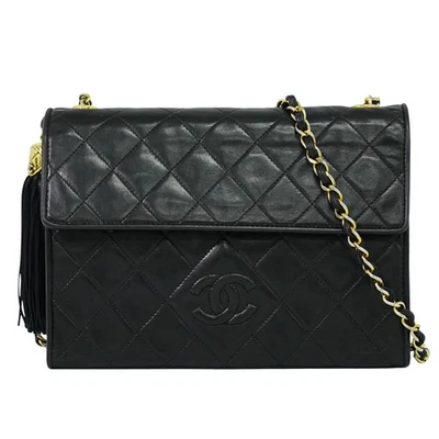 Bolsa de ombro CHANEL CC Matelasse couro borla corrente ouro preto - Imagem 1 de 4