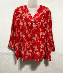 Tru Luxe Jeans Embroidered V-neck Peasant Top 3/4 Gauze Boho Red Babydoll Size L - Picture 1 of 9