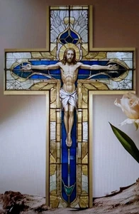 CRISTO CRUCIFICADO VITRAL MADERA CRUZ (2D Plana) Decoración Pared 30x20x0,3cm  - Imagen 1 de 3