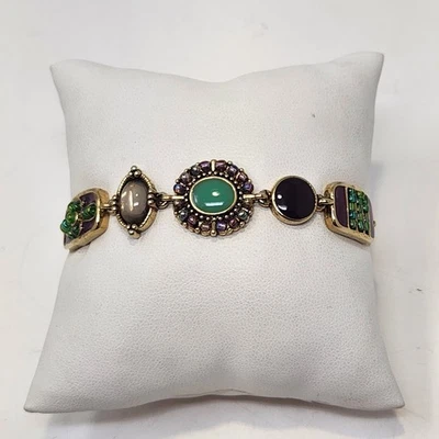 Brazalete Liz Claiborne Panel Tono Dorado Verde Púrpura Esmalte Estrás Geométrico Foto 1 de 4