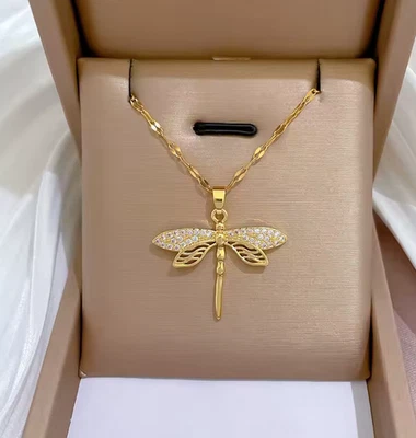 Halskette,316L Edelstahl Persönlichkeit Libelle Anhänger Halskette Für Frauen Mo - Bild 1 von 4