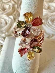 Doyle Flower Multi Color Cubic Zirconia Gold Plated Ring- Size 8 - Picture 1 of 4