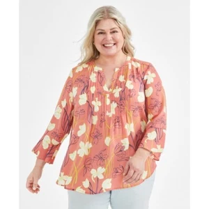 Style & Co Women's Plus Size Printed Pintuck Blouse Tulip Coral Size 3X NWT - Picture 1 of 10