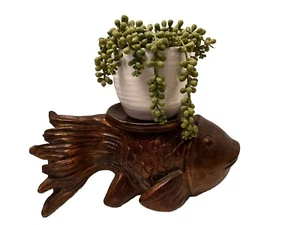 Wide Mouth Fish Art Sculpture Plant/Candle Holder Decorative Resin Wood Look 12” - Picture 1 of 7