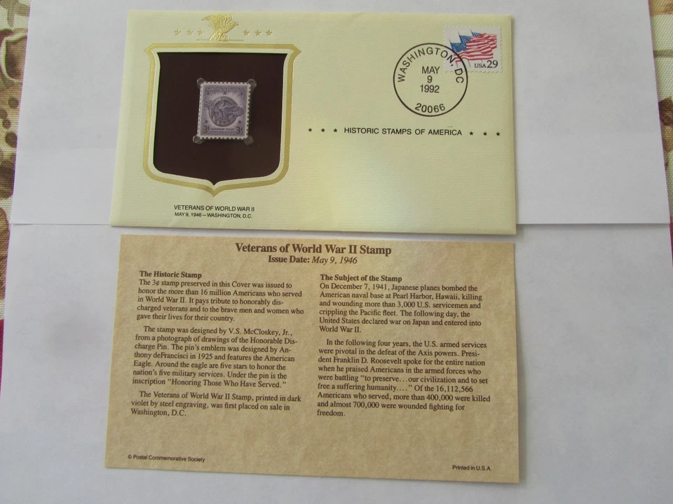 WWII Stamp on Cover, Washington DC cancel 1992, historic facts on card - Image 1 of 1
