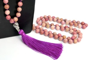 8MM 108 Pcs Rhodonite Mala Beads Tassel Necklace Grade AAA Natural Round 41" - Picture 1 of 5
