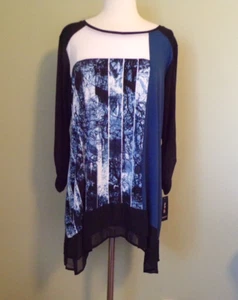 STYLE & Co. Tunic Top Plus Sz 0X 14W Black White & Blues 4" Sheer Hem Boho NWT - Picture 1 of 4