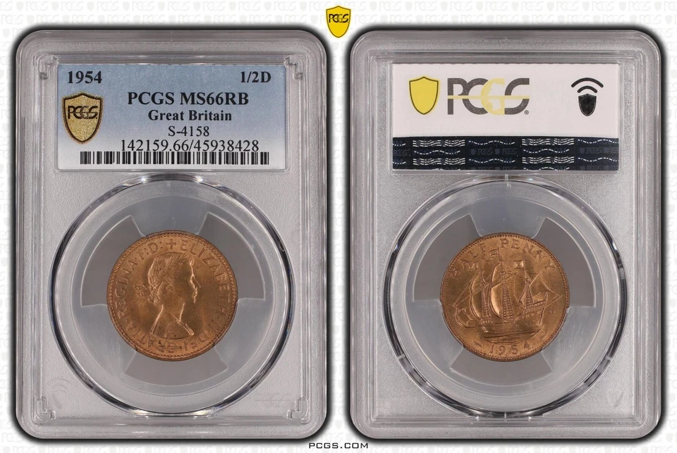 🏆 1954 GREAT BRITAIN HALF PENNY PCGS MS66 RB - TOP POP! FINEST KNOWN! 🏆 - Image 1 of 3