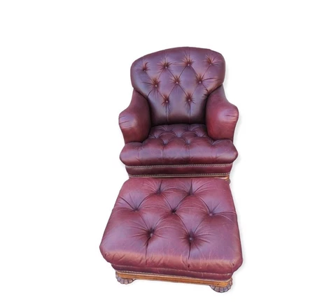 Thomasville Leather  Burgundy Leather Tufted Lounge Armchair with Ottoman Cover
