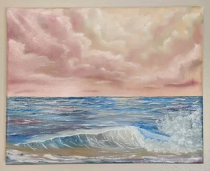 Pintura al óleo original paisaje olas del océano cielos puesta de sol 20"x16" - Imagen 1 de 3