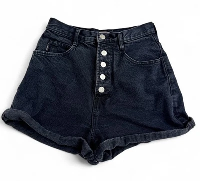 VTG Bongo High Waisted Black Denim Shorts Jr Sz 7 or 26" USA MADE Button Fly - Image 1 of 4