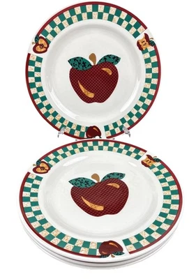 Tabletops Unlimited Dinner Plates A Is For Apple Set of 4 Green Tan Check - Image 1 of 4