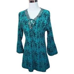 Y2K FASHION BUG Top Blouse L Accordion Pleats Flare Sequins Snake Turquoise - Picture 1 of 12