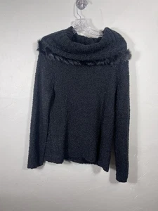 Maglione Escapade Nero Boucle Maglia Pelliccia di Coniglio Bordo Collo Cappuccio Tg Lg - Foto 1 di 6