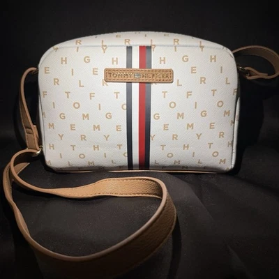 Bolso Bandolera Tommy Hilfiger Para Mujer Blanco Marrón Logo Rayas Cartera de Hombro Foto 1 de 3