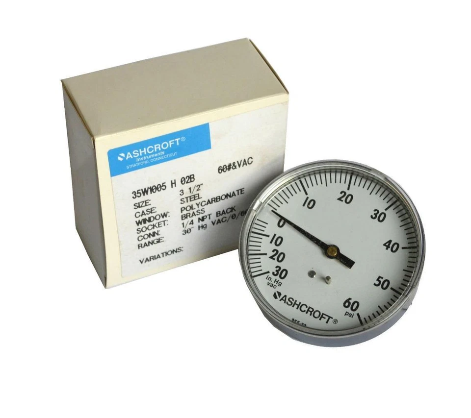 NEW ASHCROFT 35W1005-H-02B 30" HG VAC 0-60 PSI 1/4" NPT 3-1/2" (40 AVAILABLE) - Image 1 of 1