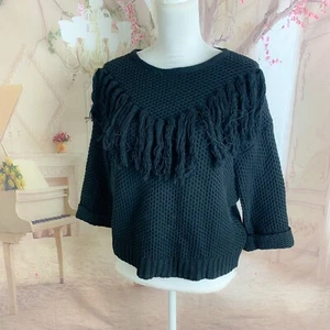 NEW Mustard Seed Women’s Black Fringe Sweater Size Small - Picture 1 of 9