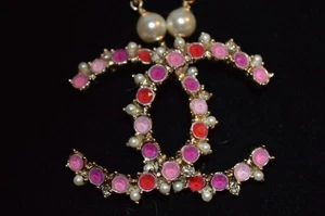 Chanel 18P Silver Colored Red Pink Crystal Pearl CC Necklace 18 inches NIB - Picture 1 of 3