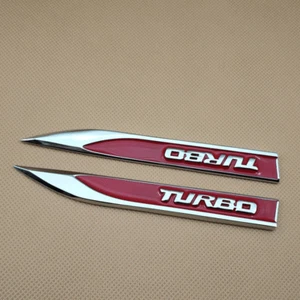 Pair Metal Silver & Red TURBO Auto Badge Side Wing Fender Car Emblem 3D Sticker - Bild 1 von 5
