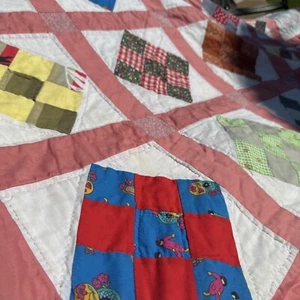Vintage Handmade Hand Quilted Nine Square Quilt Cutter Repair approx 86x76 - Picture 1 of 13