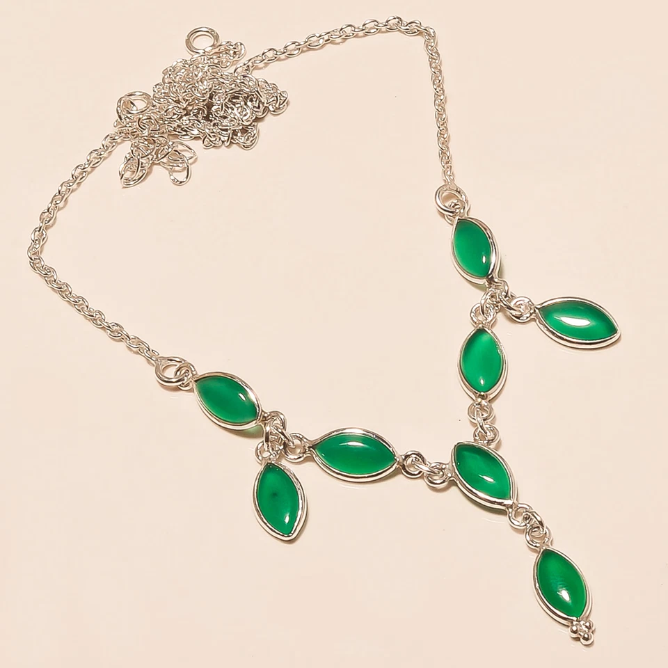Collana In Argento Sterling 925 Con Gemma Di Onice Verde Naturale Da 7,30 Gm - Immagine 1 di 1