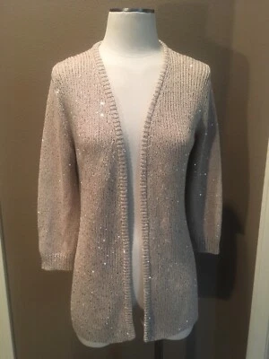 Cárdigan Suéter Adrienne Vittadini L Beige Manga 3/4 Abierto Lux Con Lentejuelas Plateadas Foto 1 de 4