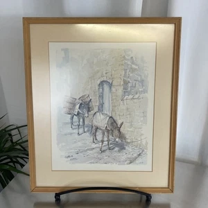 Vintage Art Print Donkeys Cyprus Framed 48x40cm Watercolour Print - Picture 1 of 5