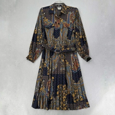 Vtg Leslie Fay Midi Dress Colorful Paisley Floral Pleated 80s 90s Secretary 16P - Image 1 of 4
