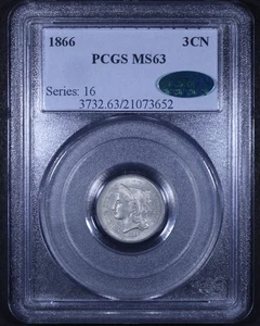1866 Three Cent Nickel - 3CN PCGS MS63 CAC ✅ - Gorgeous Flashy Coin! - Picture 1 of 4