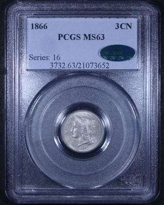 1866 Three Cent Nickel - 3CN PCGS MS63 CAC ✅ - Gorgeous Flashy Coin! - Image 1 of 4