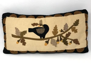 Primitive Folk Art Applique Accent Pillow Autumn Acorns Black Bird Wool 21" - Picture 1 of 11