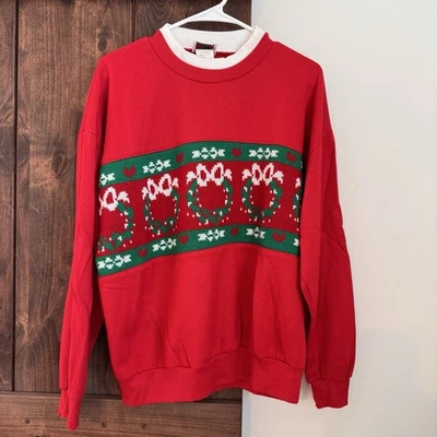 VTG 90s Nutcracker Christmas Sweatshirt Kitsch RED Wreaths Sweater Large Ugly - Image 1 of 4